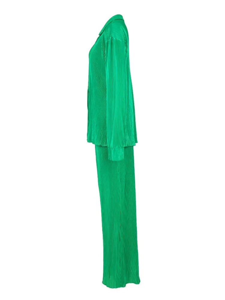 Fashion Pleated Women's Set Long Sleeve Oversized Shirt and Wide Leg Pants Elegant Tracksuit Two 2 Piece Set Outfits