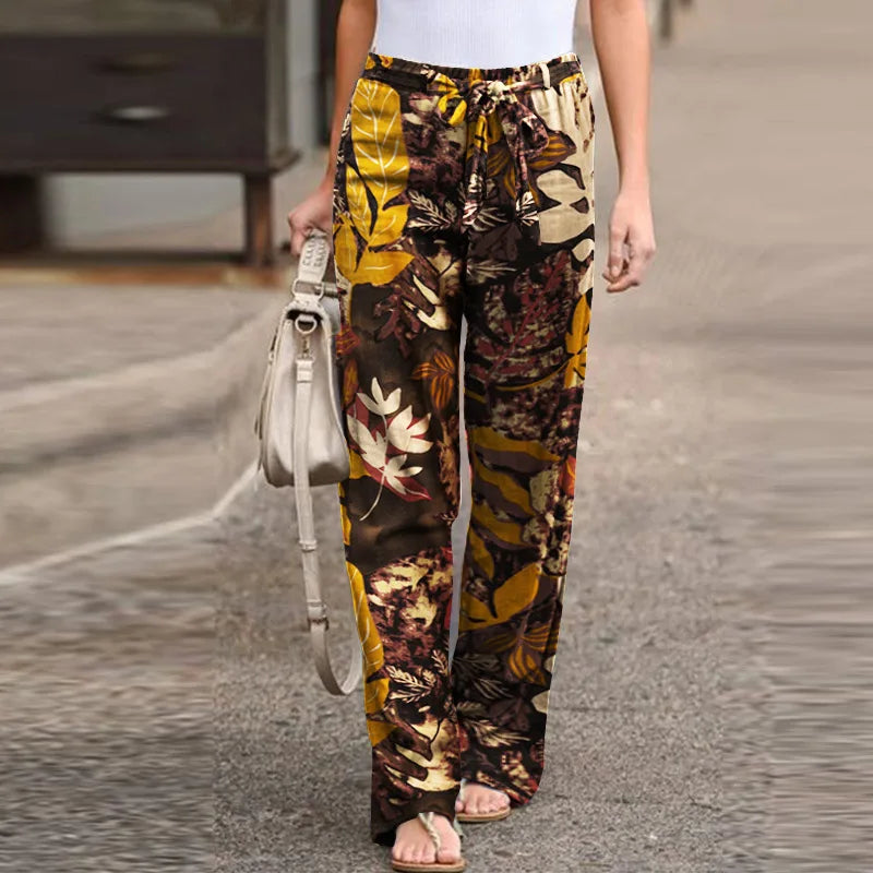 Women Fashion Lace Up Elastic Waist Home Trousers Female Plus Size Pants Casual Flower Print Cotton Linen Straight Leg Pants