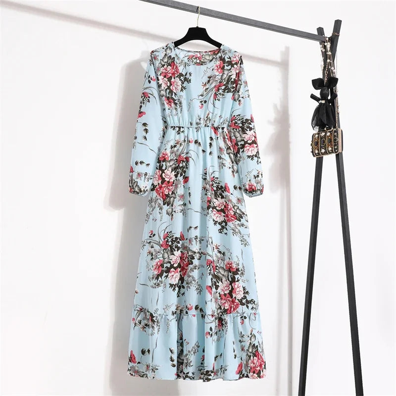 Women Maxi Dresses Casual Full Sleeve Floral Printed or solid color, O-neck, classic, timeless and elegant
