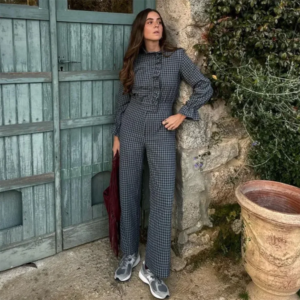 Spring New Women's Fashion temperament casual versatile bubble sleeve plaid long jumpsuit