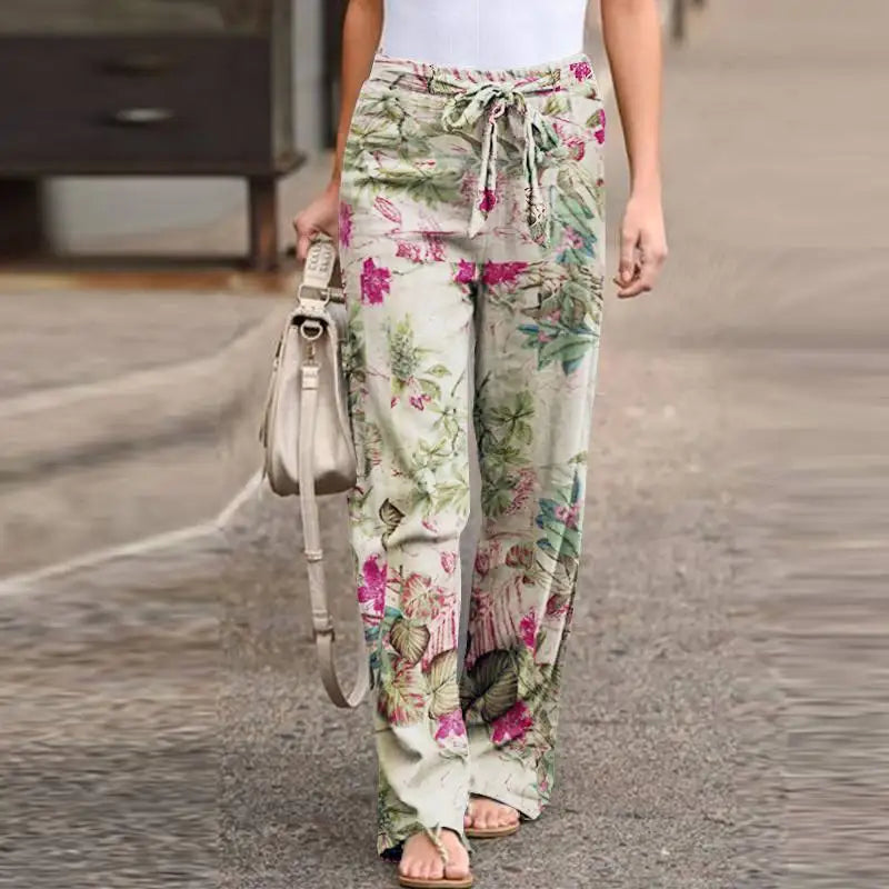 Women Fashion Lace Up Elastic Waist Home Trousers Female Plus Size Pants Casual Flower Print Cotton Linen Straight Leg Pants