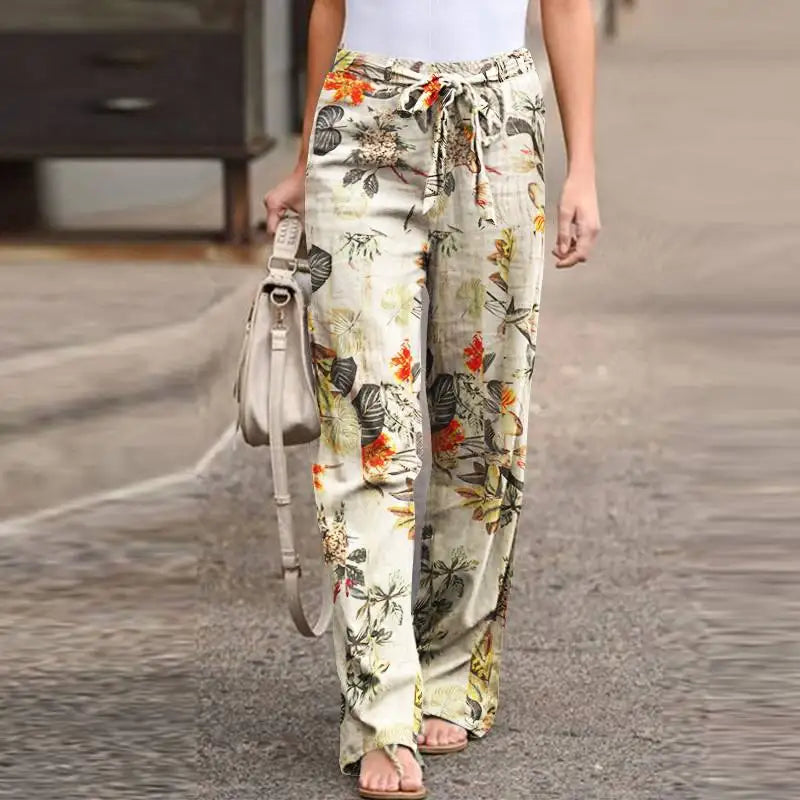 Women Fashion Lace Up Elastic Waist Home Trousers Female Plus Size Pants Casual Flower Print Cotton Linen Straight Leg Pants