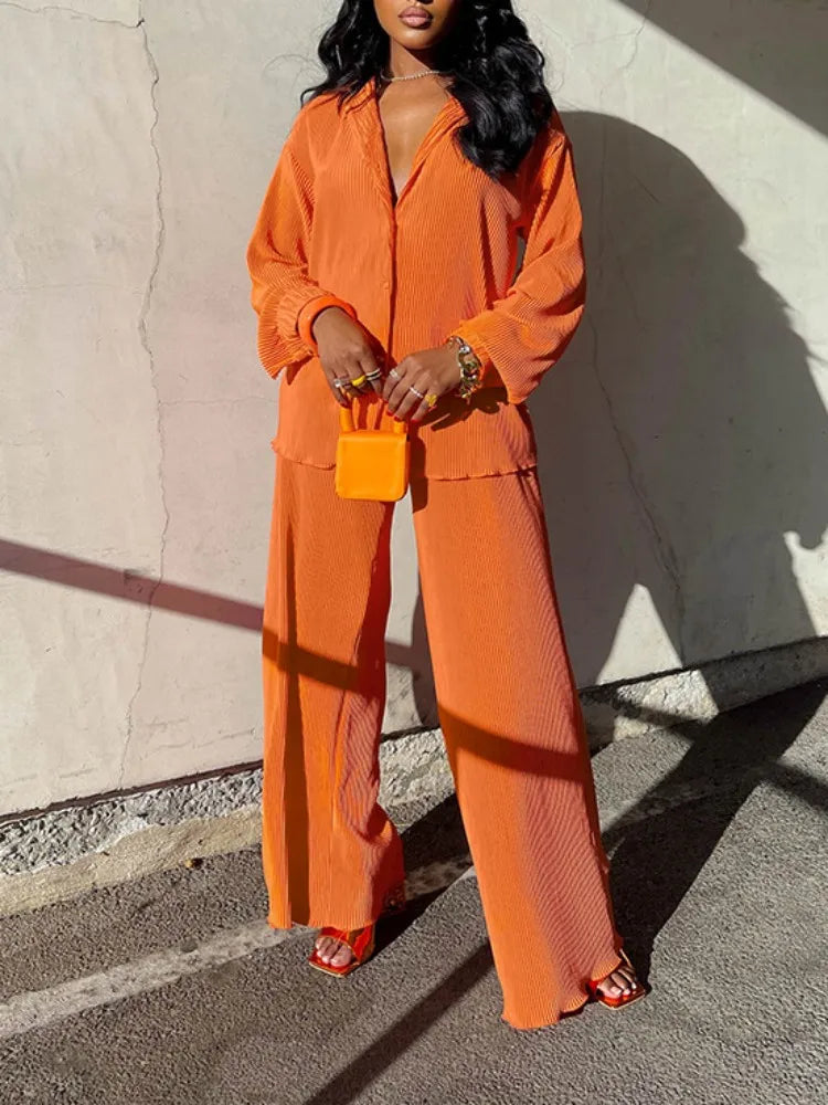 Fashion Pleated Women's Set Long Sleeve Oversized Shirt and Wide Leg Pants Elegant Tracksuit Two 2 Piece Set Outfits
