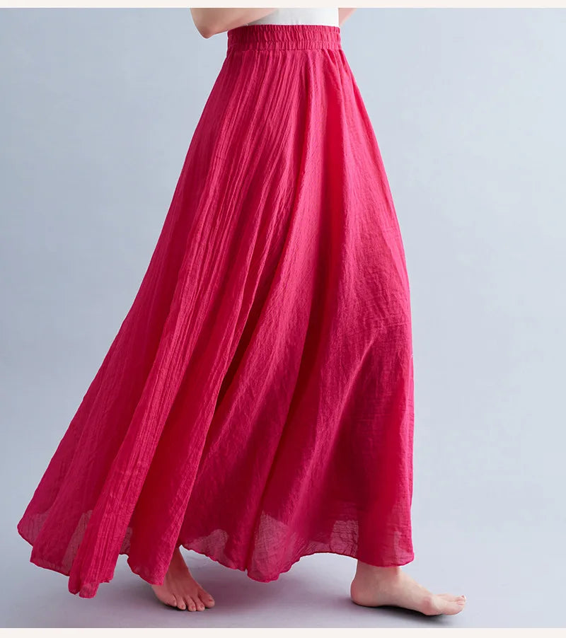 28-Color Literary Cotton Linen skirt Elastic Waist A-line Skirt Solid Color Timeless, Classic Style Women Long Skirts