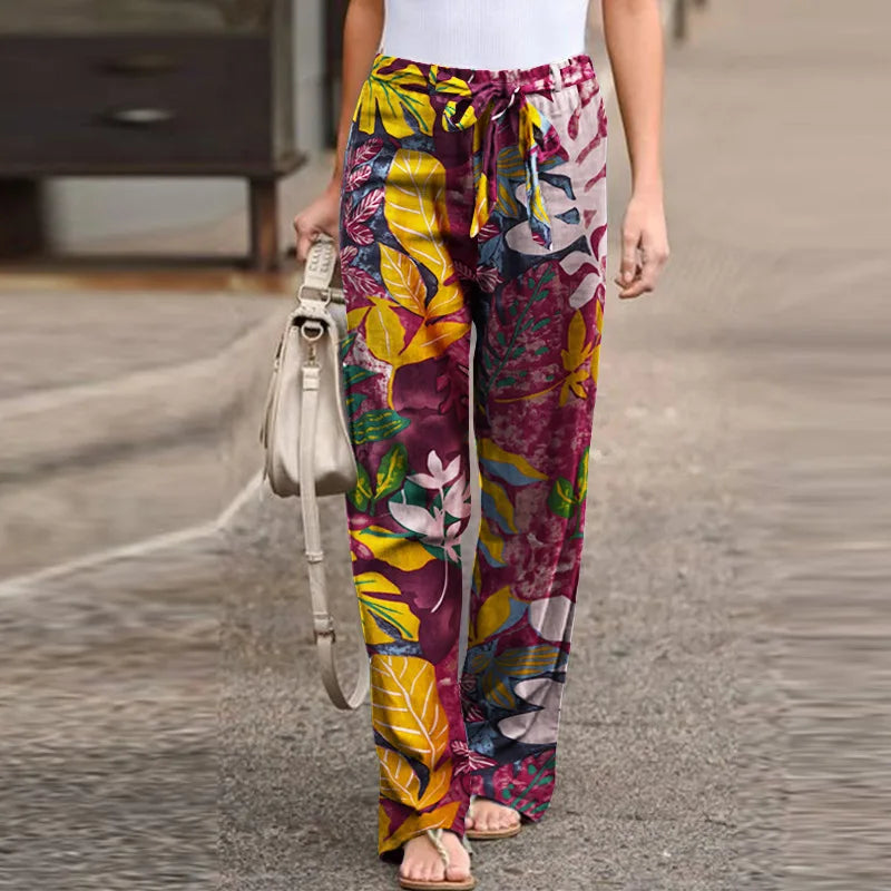 Women Fashion Lace Up Elastic Waist Home Trousers Female Plus Size Pants Casual Flower Print Cotton Linen Straight Leg Pants
