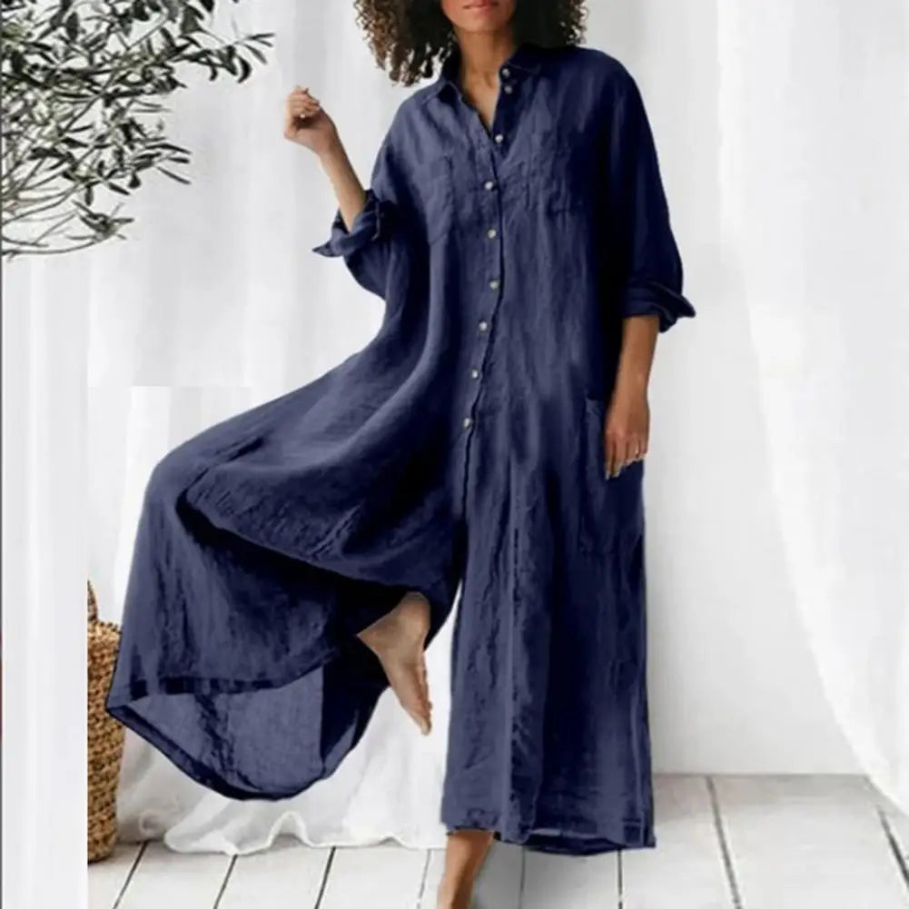 Casual Jumpsuit Breathable Cotton Linen Button Closure Female Wide Legs Pants Long Romper Adults Jumpsuit Streetwear