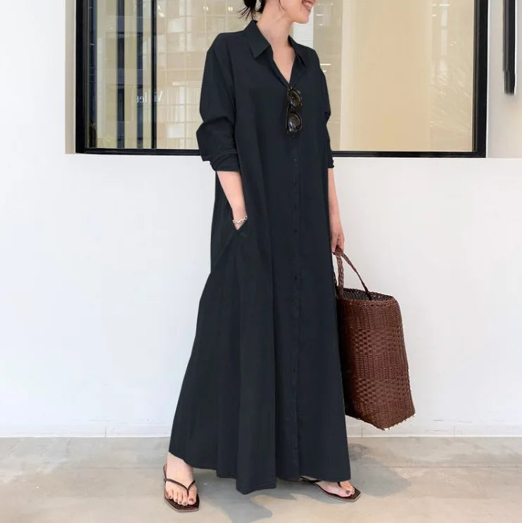 European and American style cotton linen solid color lapel long sleeve pocket simple loose casual long shirt dress