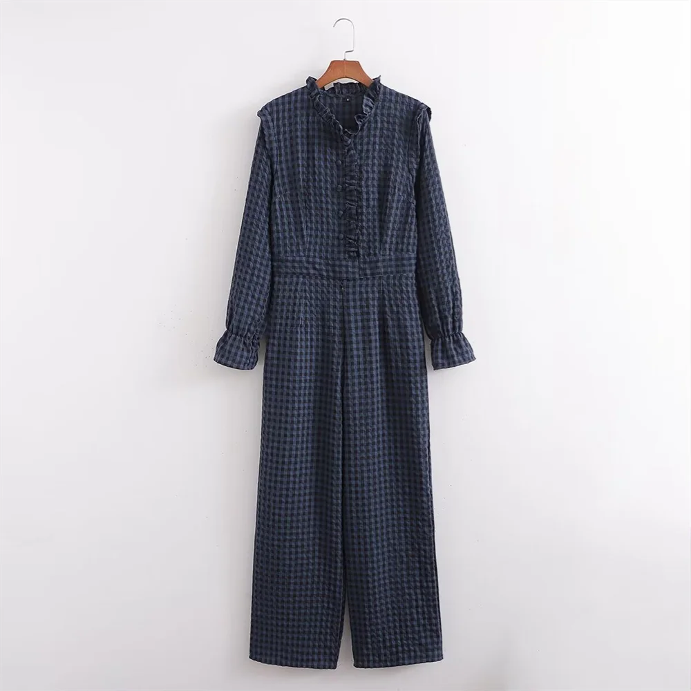 Spring New Women's Fashion temperament casual versatile bubble sleeve plaid long jumpsuit