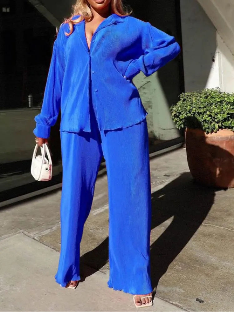 Fashion Pleated Women's Set Long Sleeve Oversized Shirt and Wide Leg Pants Elegant Tracksuit Two 2 Piece Set Outfits
