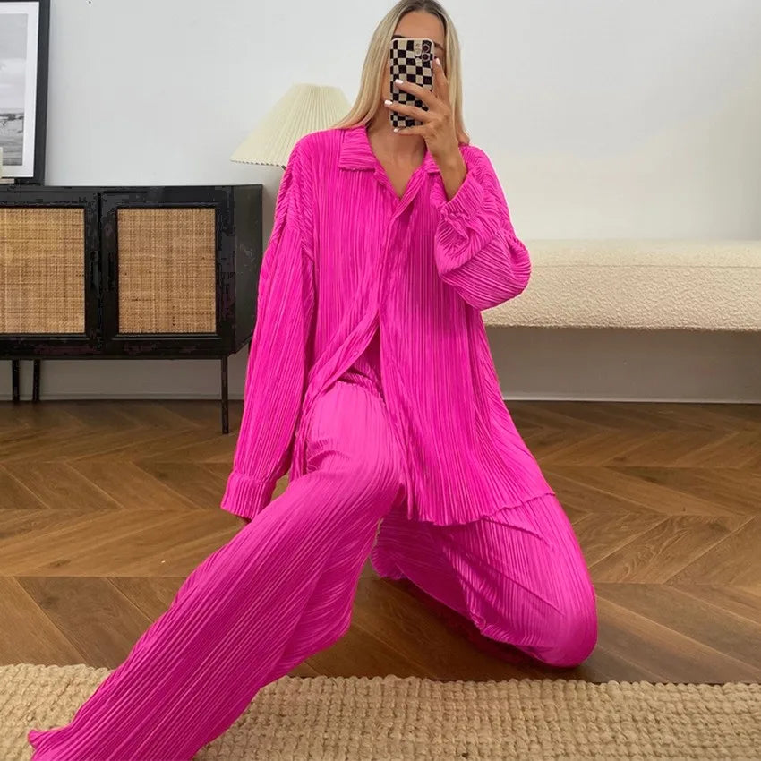 Fashion Pleated Women's Set Long Sleeve Oversized Shirt and Wide Leg Pants Elegant Tracksuit Two 2 Piece Set Outfits