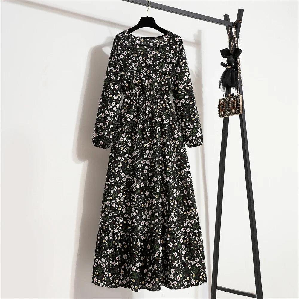 Women Maxi Dresses Casual Full Sleeve Floral Printed or solid color, O-neck, classic, timeless and elegant