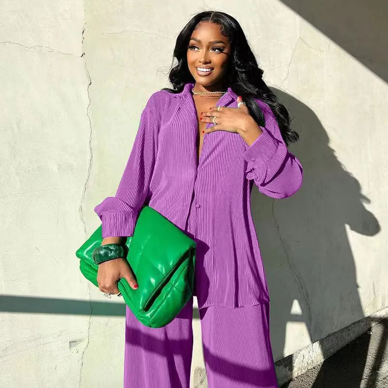 Fashion Pleated Women's Set Long Sleeve Oversized Shirt and Wide Leg Pants Elegant Tracksuit Two 2 Piece Set Outfits