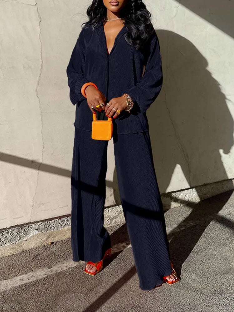 Fashion Pleated Women's Set Long Sleeve Oversized Shirt and Wide Leg Pants Elegant Tracksuit Two 2 Piece Set Outfits