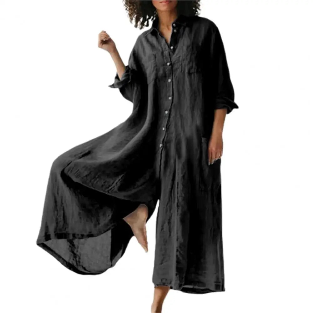 Casual Jumpsuit Breathable Cotton Linen Button Closure Female Wide Legs Pants Long Romper Adults Jumpsuit Streetwear