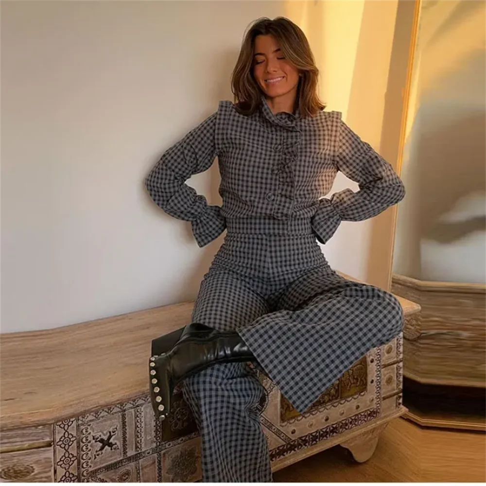 Spring New Women's Fashion temperament casual versatile bubble sleeve plaid long jumpsuit