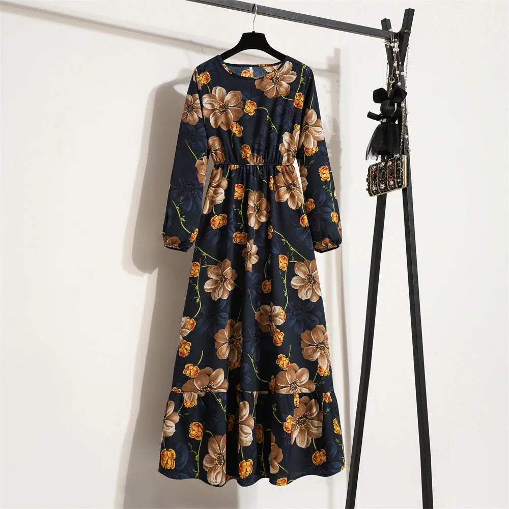Women Maxi Dresses Casual Full Sleeve Floral Printed or solid color, O-neck, classic, timeless and elegant