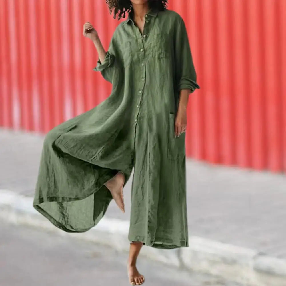 Casual Jumpsuit Breathable Cotton Linen Button Closure Female Wide Legs Pants Long Romper Adults Jumpsuit Streetwear