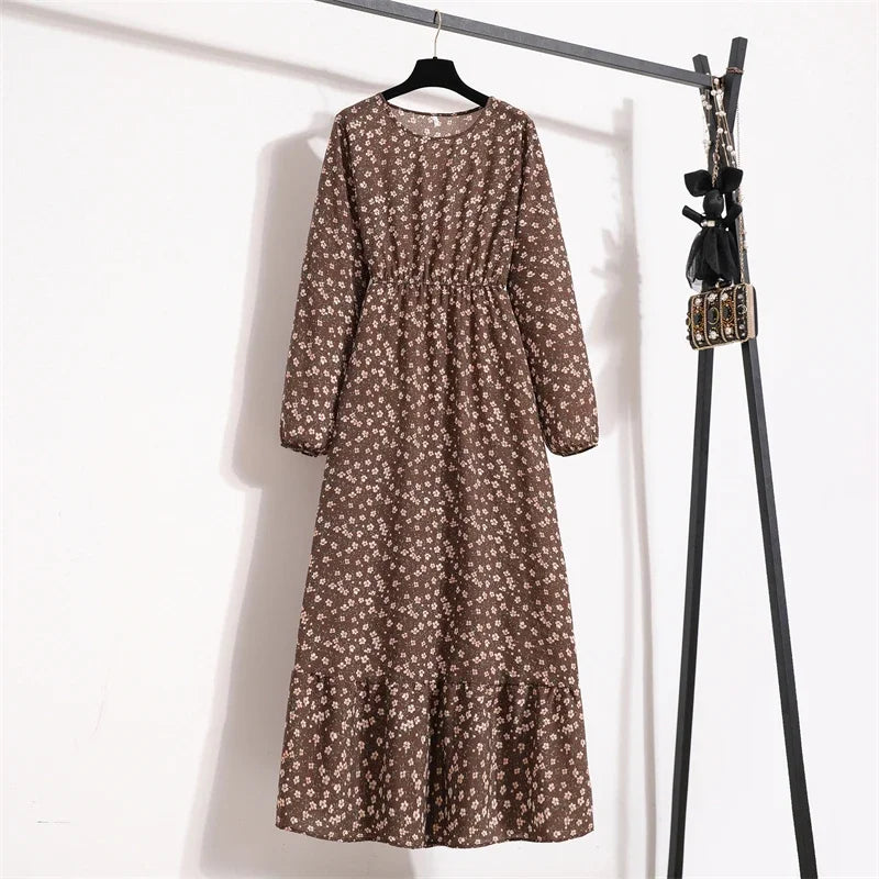 Women Maxi Dresses Casual Full Sleeve Floral Printed or solid color, O-neck, classic, timeless and elegant