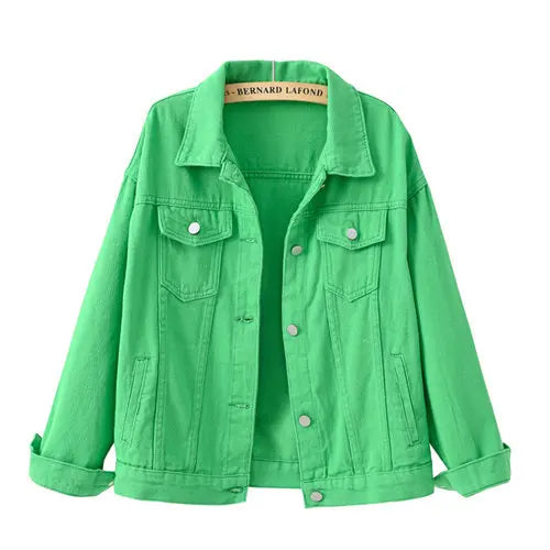 Pure Color Women's Denim Jacket Single-breasted Lapel Coat Fashion Casual Tops Green Black Red Blue Outerwear Female Overcoat