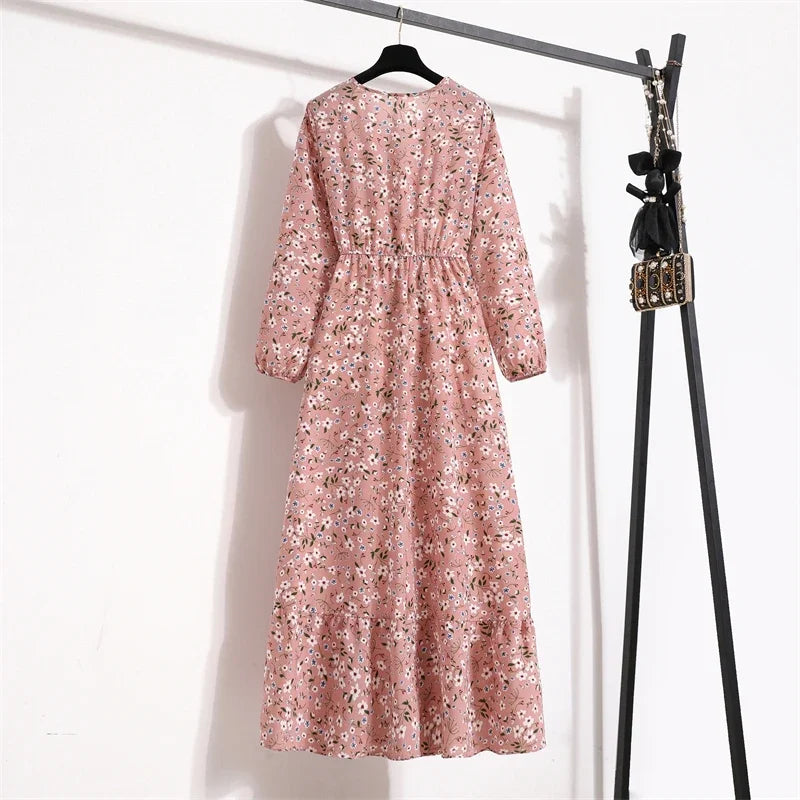 Women Maxi Dresses Casual Full Sleeve Floral Printed or solid color, O-neck, classic, timeless and elegant