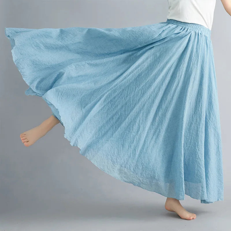 28-Color Literary Cotton Linen skirt Elastic Waist A-line Skirt Solid Color Timeless, Classic Style Women Long Skirts
