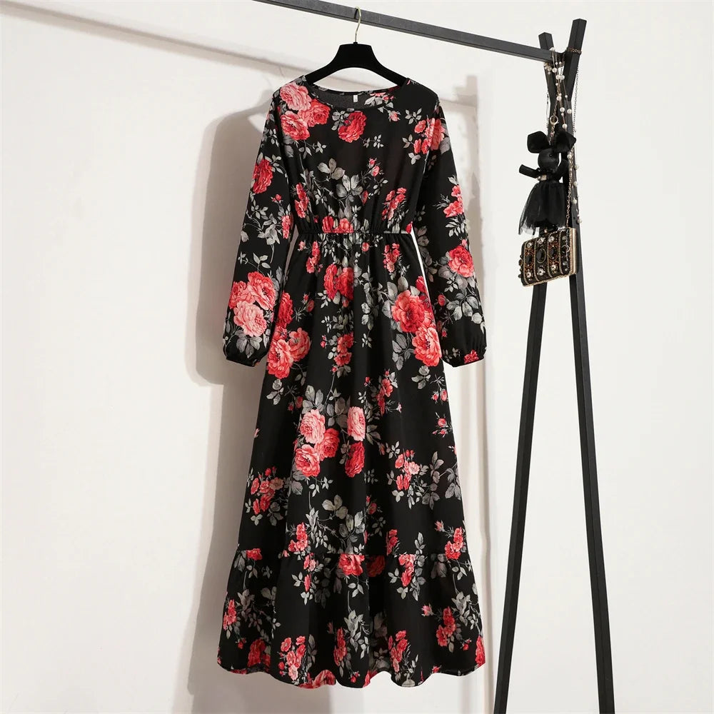 Women Maxi Dresses Casual Full Sleeve Floral Printed or solid color, O-neck, classic, timeless and elegant