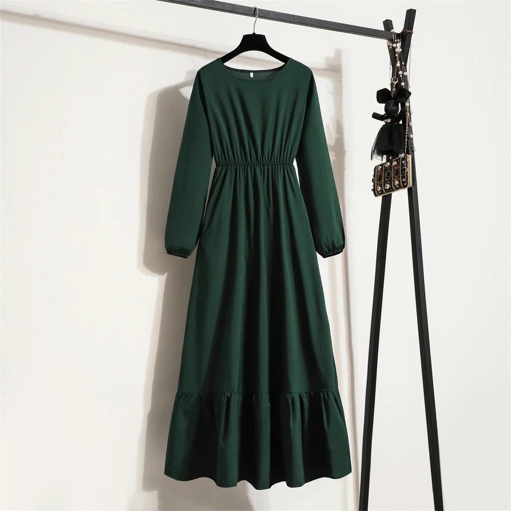 Women Maxi Dresses Casual Full Sleeve Floral Printed or solid color, O-neck, classic, timeless and elegant