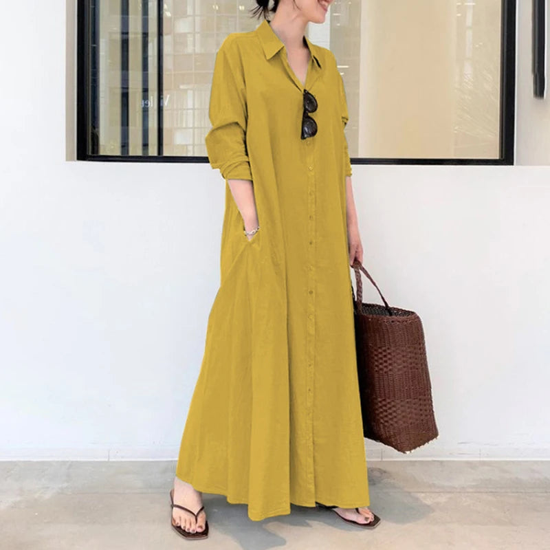 European and American style cotton linen solid color lapel long sleeve pocket simple loose casual long shirt dress