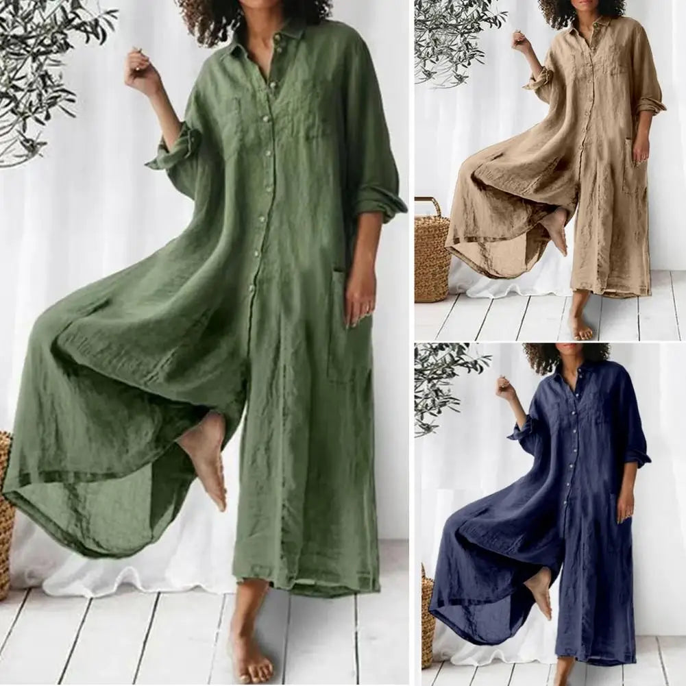 Casual Jumpsuit Breathable Cotton Linen Button Closure Female Wide Legs Pants Long Romper Adults Jumpsuit Streetwear