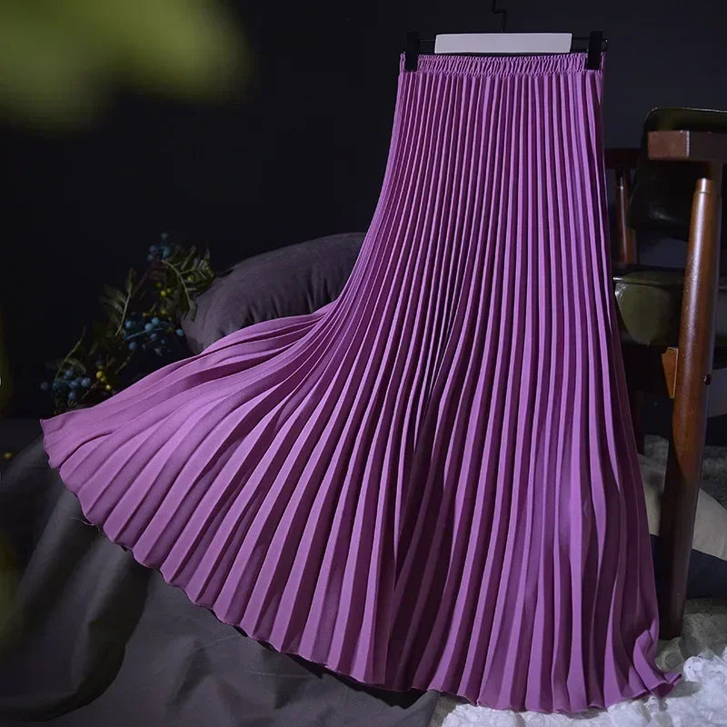 Classical Women Pleated Skirt 90cm/80cm Long Female Elastic Waist Skirt Big Size Velvet Pleated Skirt for Winter Ankle-Length