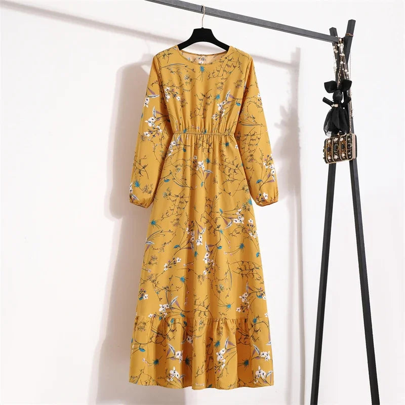 Women Maxi Dresses Casual Full Sleeve Floral Printed or solid color, O-neck, classic, timeless and elegant