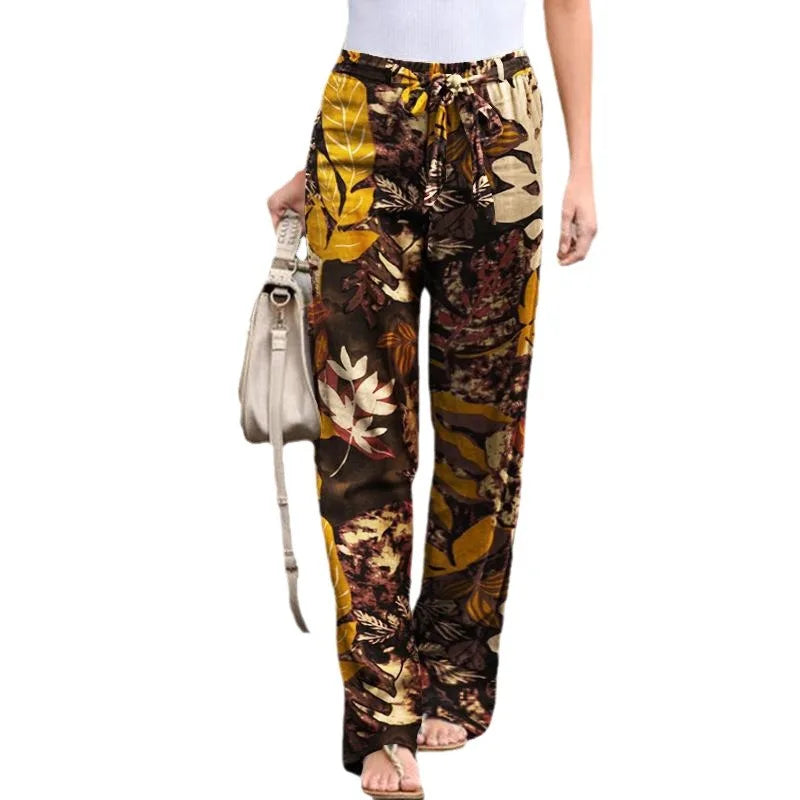Women Fashion Lace Up Elastic Waist Home Trousers Female Plus Size Pants Casual Flower Print Cotton Linen Straight Leg Pants