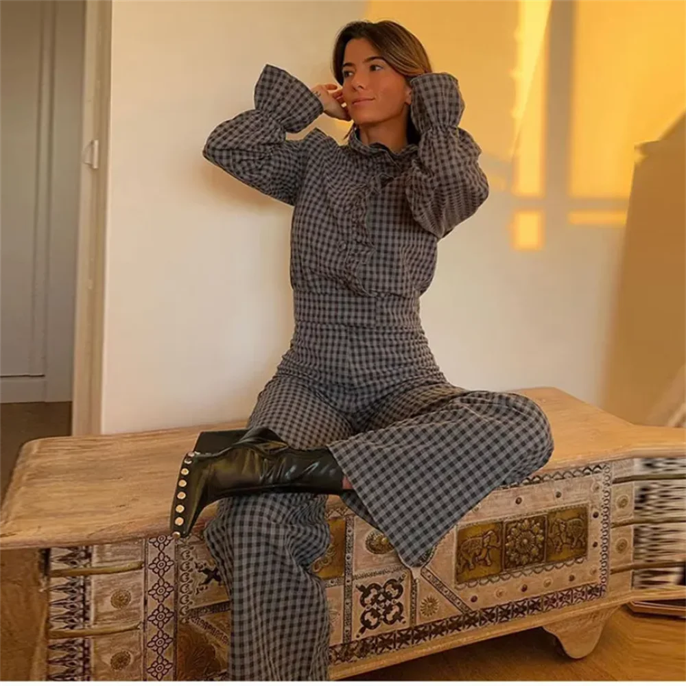 Spring New Women's Fashion temperament casual versatile bubble sleeve plaid long jumpsuit