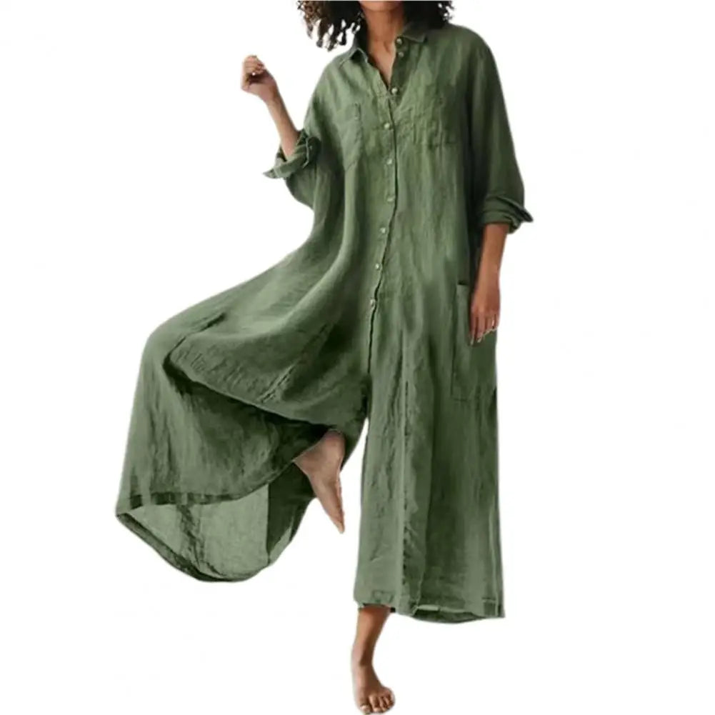 Casual Jumpsuit Breathable Cotton Linen Button Closure Female Wide Legs Pants Long Romper Adults Jumpsuit Streetwear