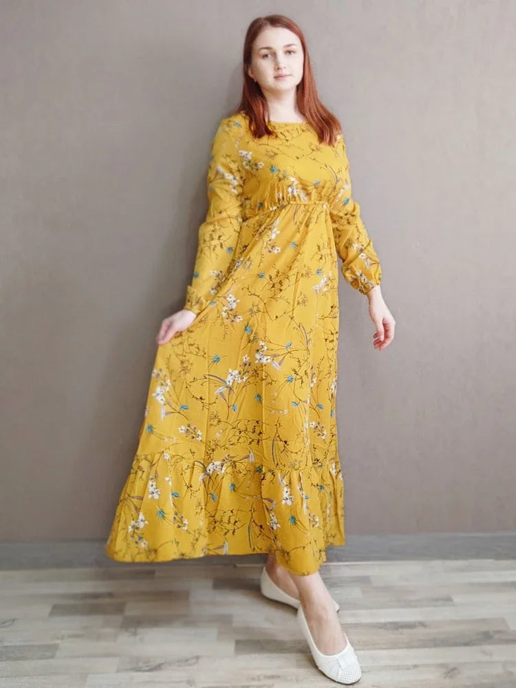 Women Maxi Dresses Casual Full Sleeve Floral Printed or solid color, O-neck, classic, timeless and elegant