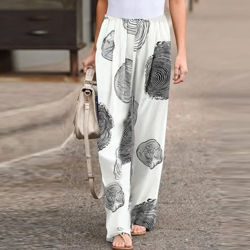 Women Fashion Lace Up Elastic Waist Home Trousers Female Plus Size Pants Casual Flower Print Cotton Linen Straight Leg Pants