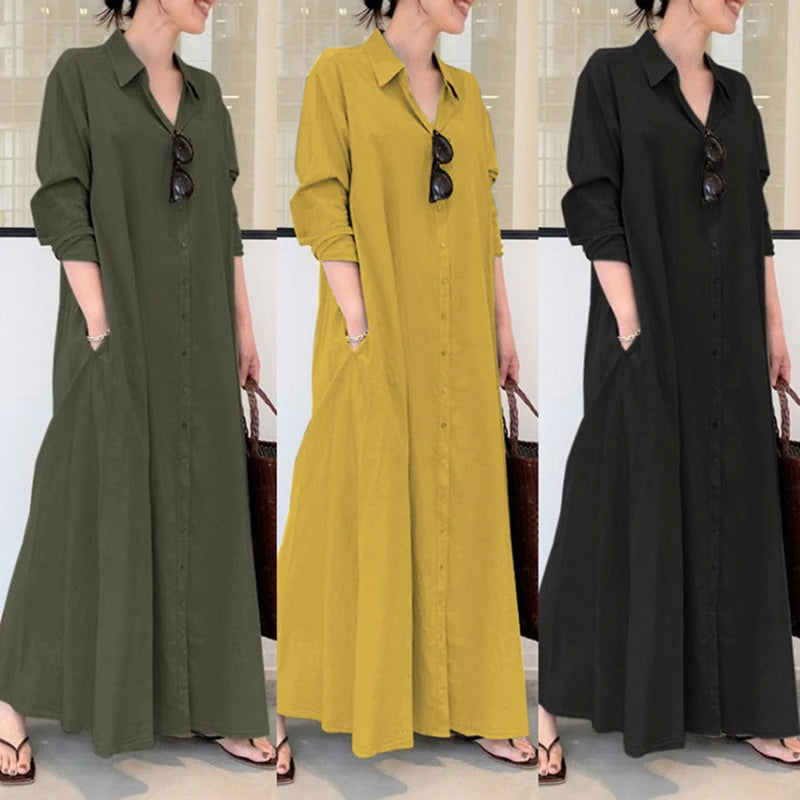 European and American style cotton linen solid color lapel long sleeve pocket simple loose casual long shirt dress