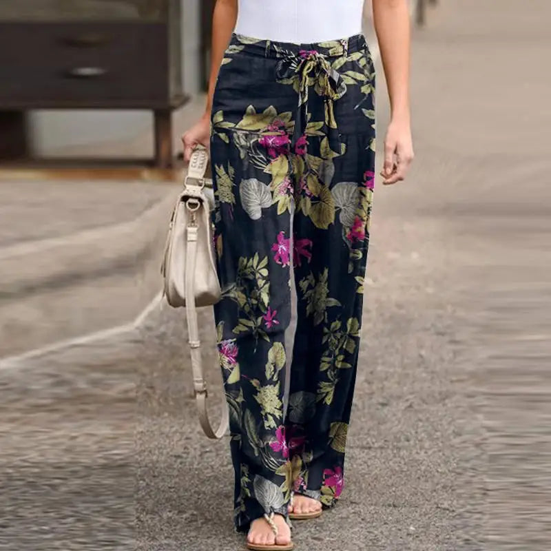 Women Fashion Lace Up Elastic Waist Home Trousers Female Plus Size Pants Casual Flower Print Cotton Linen Straight Leg Pants