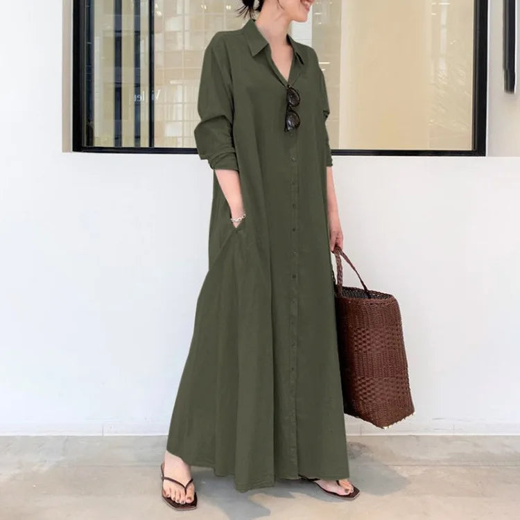 European and American style cotton linen solid color lapel long sleeve pocket simple loose casual long shirt dress