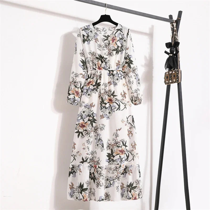 Women Maxi Dresses Casual Full Sleeve Floral Printed or solid color, O-neck, classic, timeless and elegant