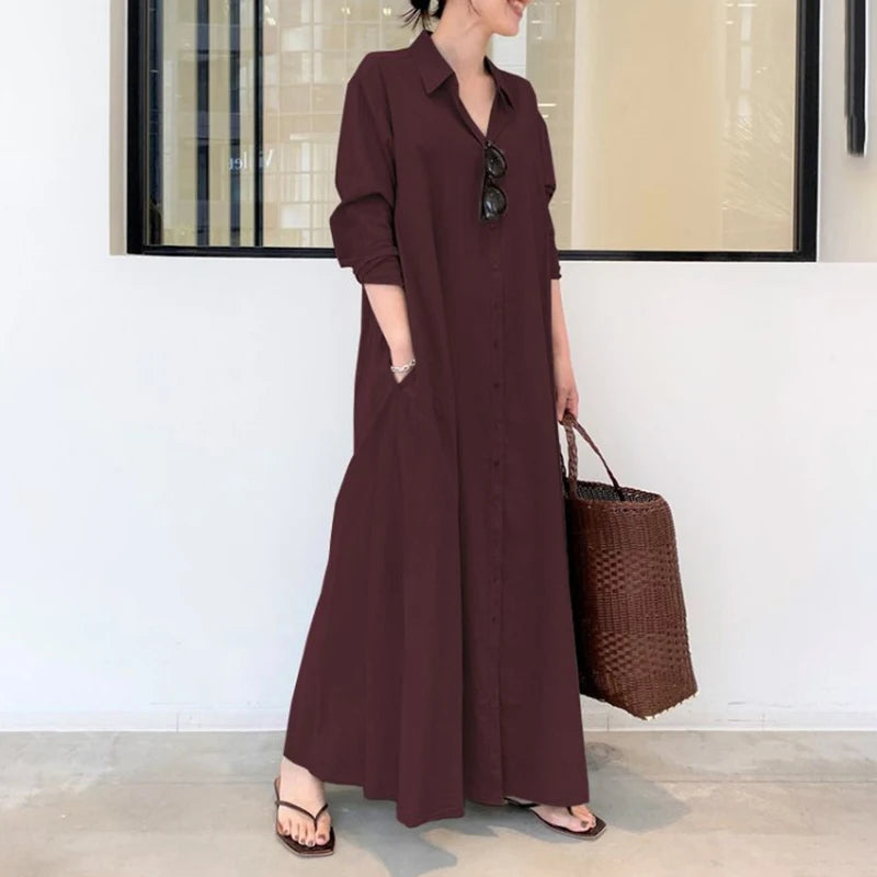 European and American style cotton linen solid color lapel long sleeve pocket simple loose casual long shirt dress