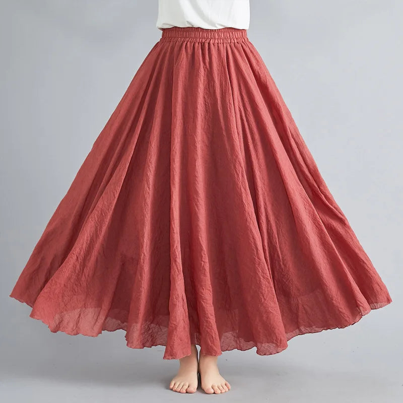 28-Color Literary Cotton Linen skirt Elastic Waist A-line Skirt Solid Color Timeless, Classic Style Women Long Skirts