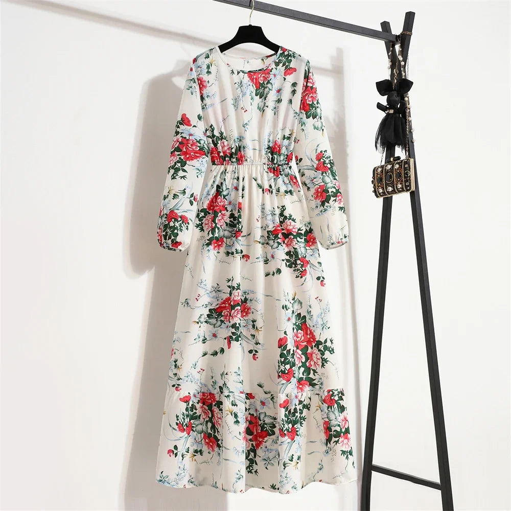 Women Maxi Dresses Casual Full Sleeve Floral Printed or solid color, O-neck, classic, timeless and elegant