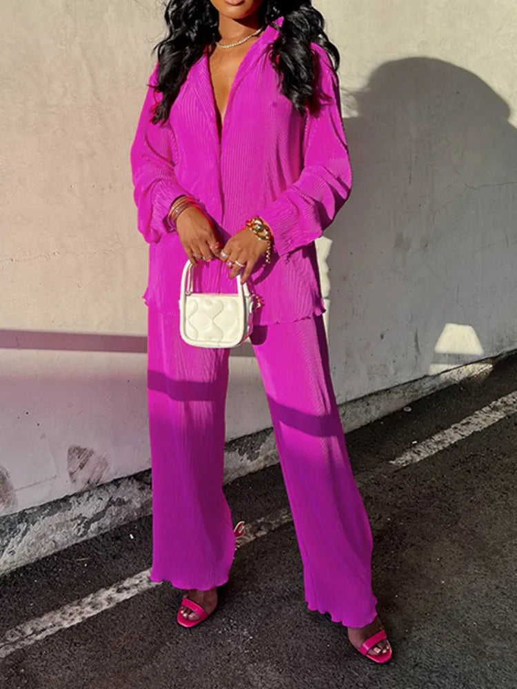 Fashion Pleated Women's Set Long Sleeve Oversized Shirt and Wide Leg Pants Elegant Tracksuit Two 2 Piece Set Outfits