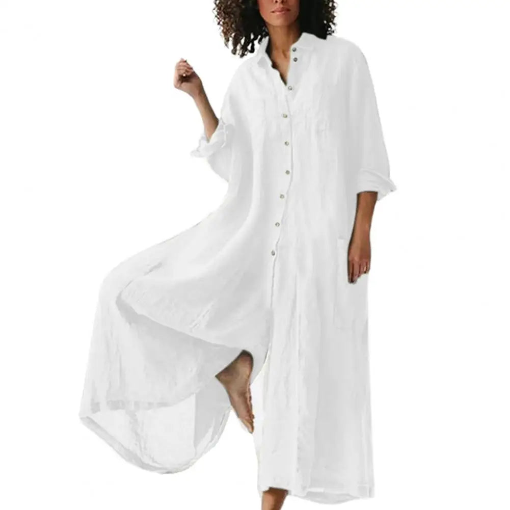 Casual Jumpsuit Breathable Cotton Linen Button Closure Female Wide Legs Pants Long Romper Adults Jumpsuit Streetwear