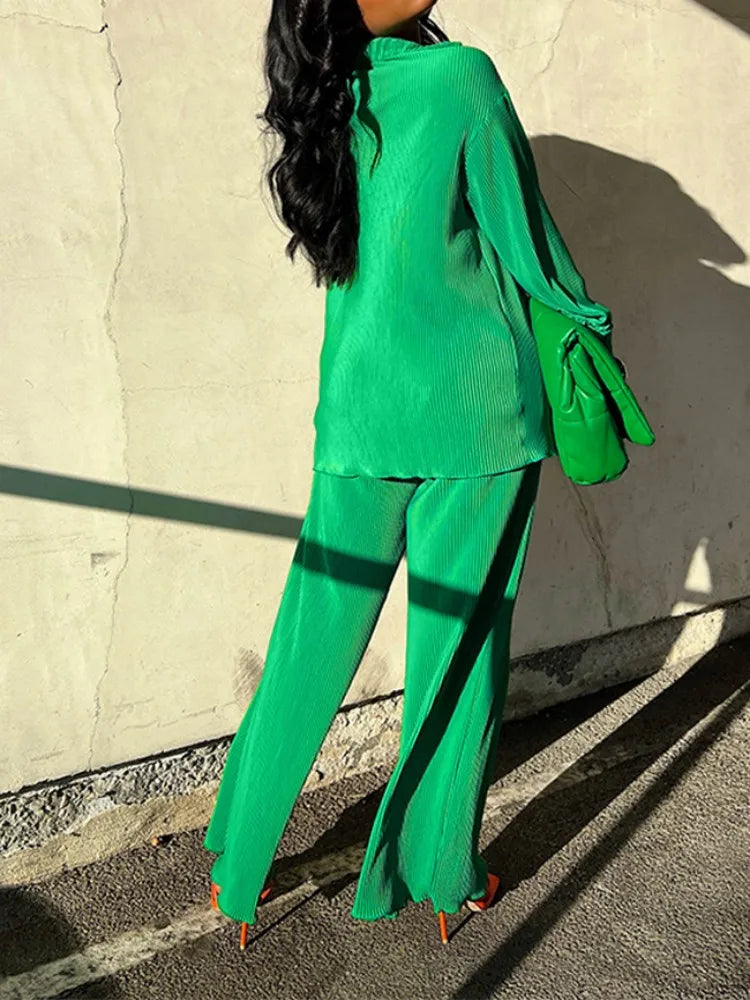 Fashion Pleated Women's Set Long Sleeve Oversized Shirt and Wide Leg Pants Elegant Tracksuit Two 2 Piece Set Outfits