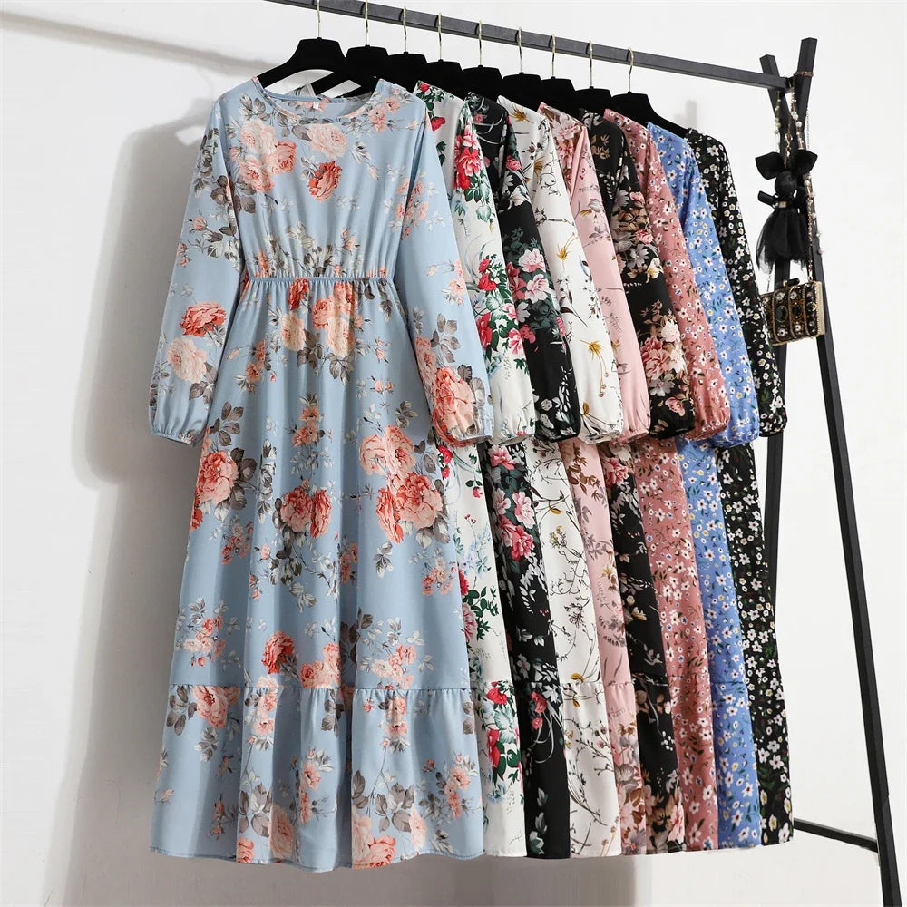 Women Maxi Dresses Casual Full Sleeve Floral Printed or solid color, O-neck, classic, timeless and elegant