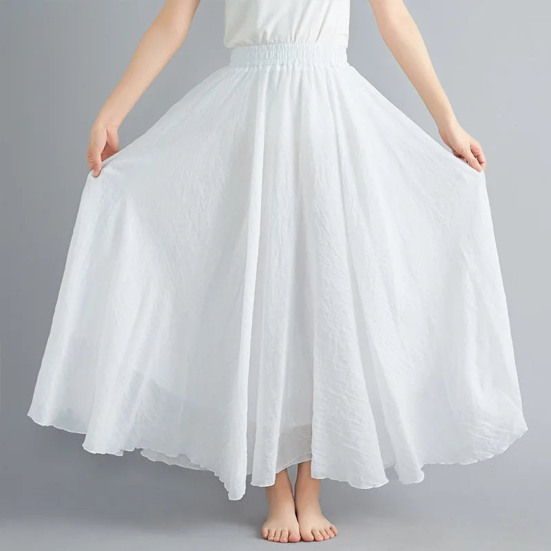 28-Color Literary Cotton Linen skirt Elastic Waist A-line Skirt Solid Color Timeless, Classic Style Women Long Skirts