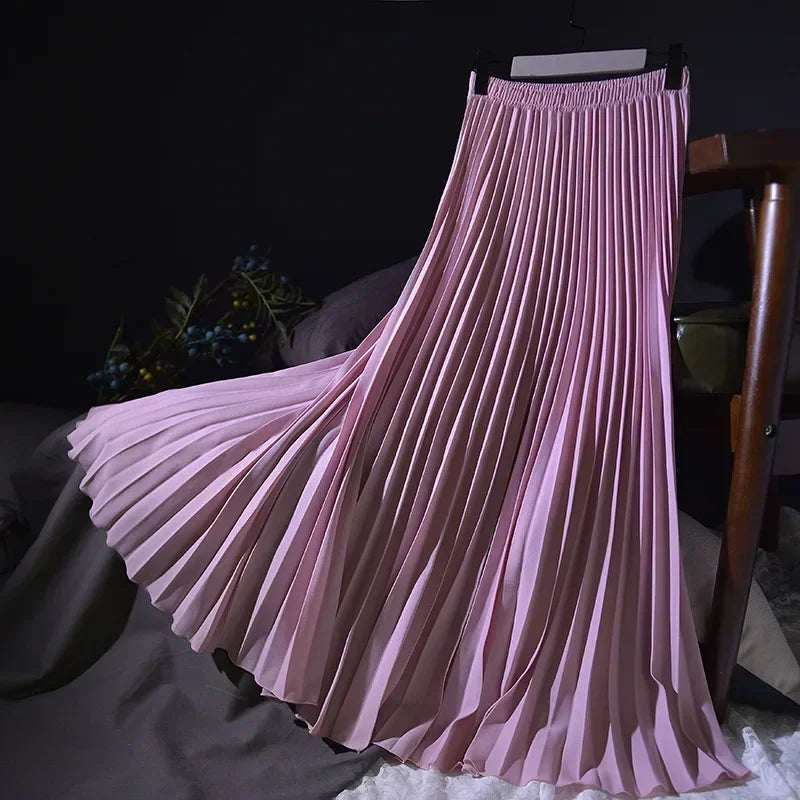 Classical Women Pleated Skirt 90cm/80cm Long Female Elastic Waist Skirt Big Size Velvet Pleated Skirt for Winter Ankle-Length