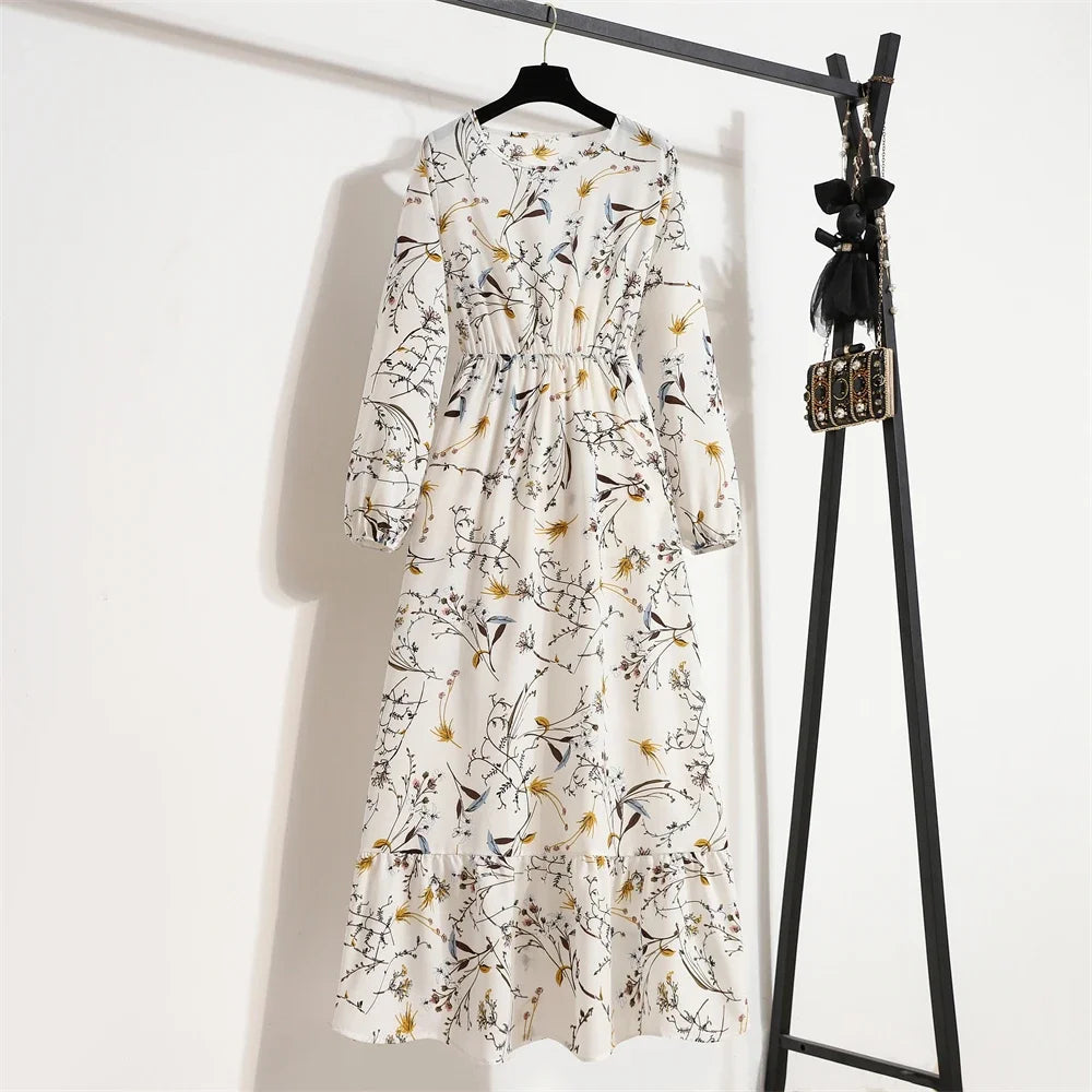 Women Maxi Dresses Casual Full Sleeve Floral Printed or solid color, O-neck, classic, timeless and elegant